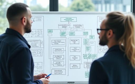 Drei Personen, die an einem Whiteboard über Organisationsstrukturen sprechen.